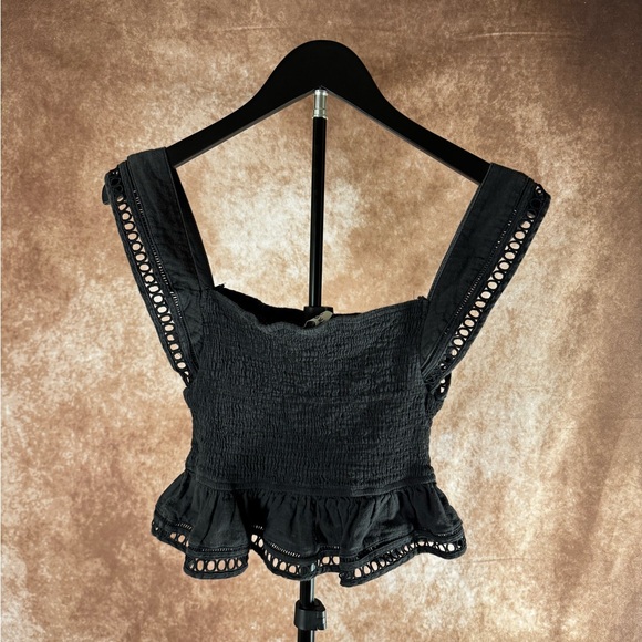 Princess Polly Black Smocked Peplum Crop Top Eyelet Strap Boho Size 4 - Picture 5 of 7